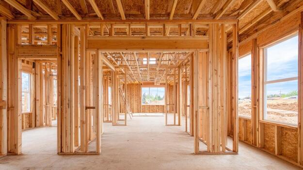 interior view of a residential home construction site showcasing the wood framing and layout design photo